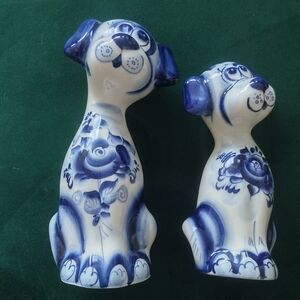 Set of 2 Blue White Ceramic Dog Figurines
